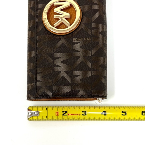 NEW! Michael Kors Signature Logo Fulton PVC Brown Acorn Flap Continental Wallet - Picture 11 of 11